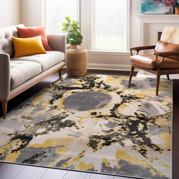 World Rug Gallery Contemporary Abstract Circles Non Shedding Soft Area Rug 5' x 7' Yellow 389YELLOW5x7 - main